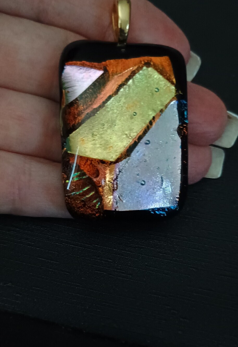 Multi-Tone Dichroic Glass Pendant Necklace in Black with Gold and Copper Accents